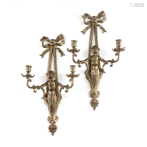 A PAIR OF LOUIS XVI STYLE GILT METAL TWO LIGHT FIGURAL