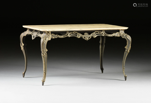 A ROCOCO REVIVAL MARBLE TOP GILT BRASS COFFEE TABLE,