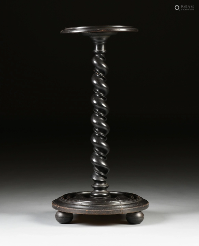 A VICTORIAN EBONIZED AND CARVED WOOD PEDESTAL STAND,