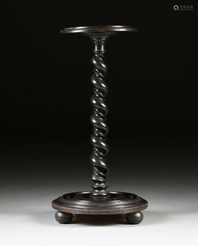 A VICTORIAN EBONIZED AND CARVED WOOD PEDESTAL STAND,