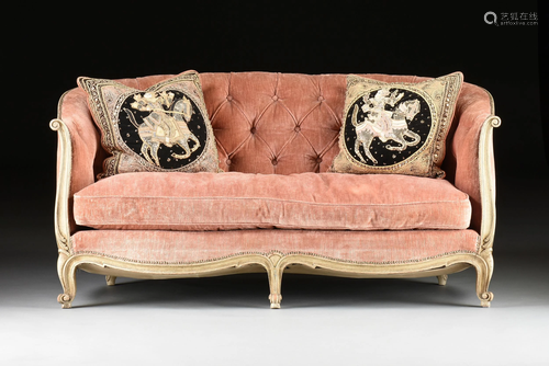 A ROCOCO REVIVAL PINK VELVET UPHOLSTERED PAINTED WOOD