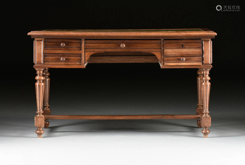 A FRENCH LOUIS XVI STYLE OAK LEATHER TOP LIBRARY DESK,