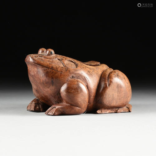 A SOUTH EAST ASIAN CARVED BURL WOOD FROG FORM BOX,