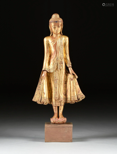 A BURMESE FAUX JEWELED GILTWOOD FIGURE OF BUDDHA, LATE