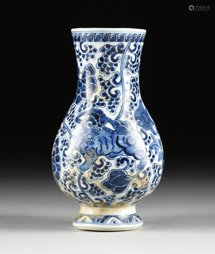 A CHINESE BLUE AND WHITE BUDDHISTIC LION PAINTED VASE,