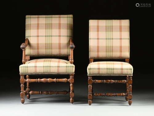 A SET OF SIX BAROQUE STYLE PLAID UPHOLSTERED AND CARVED