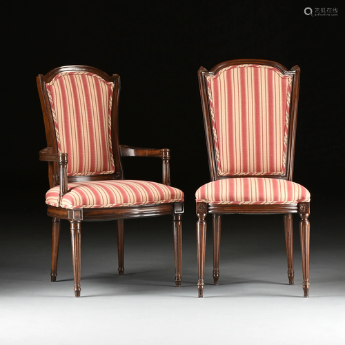 A SET OF TWELVE LOUIS XVI STYLE RED STRIPE UPHOLSTERED