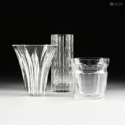 TWO BACCARAT CRYSTAL VASES AND ONE CRYSTAL ICE BUCK…