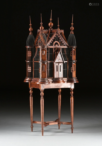 A VICTORIAN STYLE WIRE AND CARVED WOOD CATHEDRAL