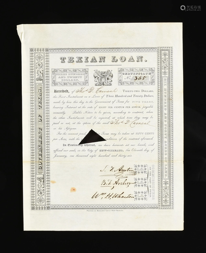 A TEXAS REVOLUTION DOCUMENT, TEXIAN LOAN, SIGNED,