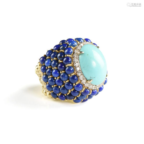 A PERSIAN TURQUOISE, DIAMOND, AND LAPIS LAZULI 18K