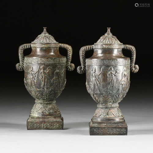 A PAIR OF OF NEO-GREC STYLE BRONZE URN LAMPS, LATE 20TH