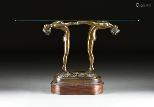 A CONTEMPORARY FIGURAL BRONZE AND GLASS CONSOLE TAB…