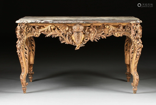 A LOUIS XV STYLE MARBLE TOPPED GILTWOOD TABLE DE