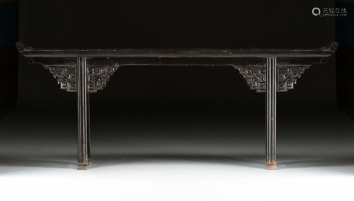 A VINTAGE CHINESE BLACK LACQUERED SOFTWOOD ALTAR TABLE,