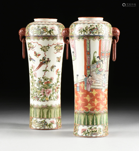 A PAIR OF VINTAGE CHINESE FAMILLE ROSE PORCELAIN VASES,