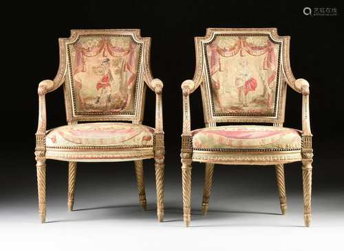 A PAIR OF LOUIS XVI STYLE AUBUSSON UPHOLSTERED PARCEL