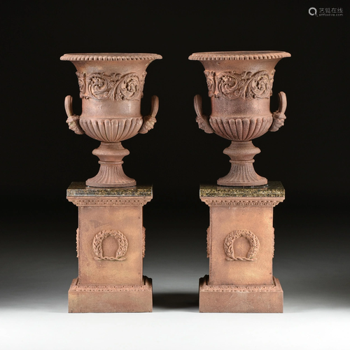 A PAIR OF VICTORIAN CAST IRON URN JARDINIÈRES AND