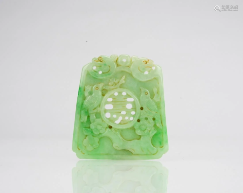 A Green Jadeite Carved Magpie and Shou Pendant