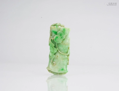 A Green Jadeite Carved â€˜Bat,Bambooâ€™ Pendant