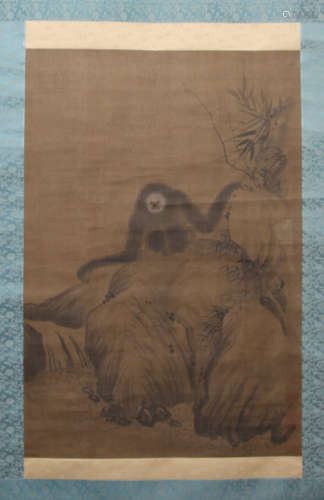 佚名 猿戏 水墨绢本立轴