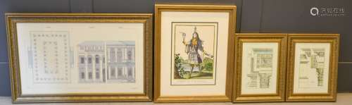 A group of framed prints and illustrations to include, Vue et plan d'une Naumache, Habit de