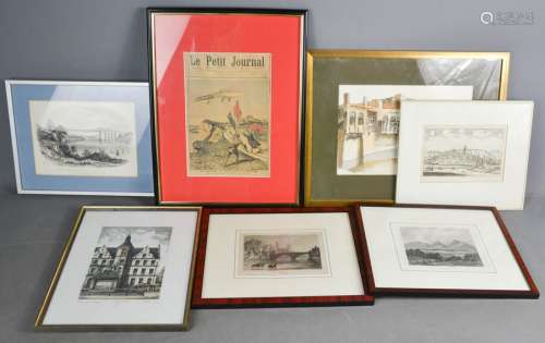 A group of 19th century prints and pictures including 18th century view of Sigen, The Menai