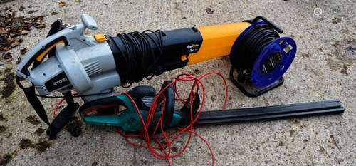 A Ryobi leaf blower, boot scraper, extension lead and hedge cutter.