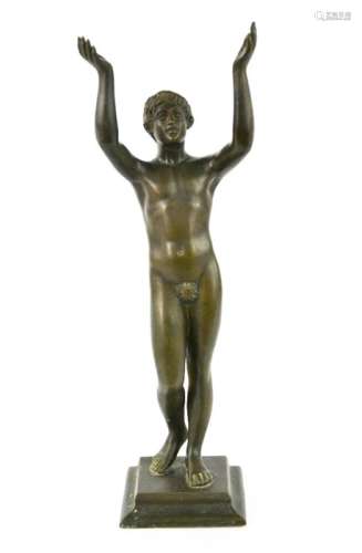 A Neoclassical bronze figure, cast with arms raised upwards, 30cm high.