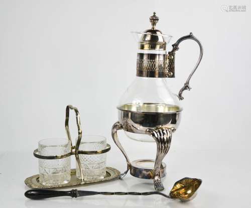 A silver plated and glass coffee carafe on stand, (lacking tea light holder), 37cm high, together