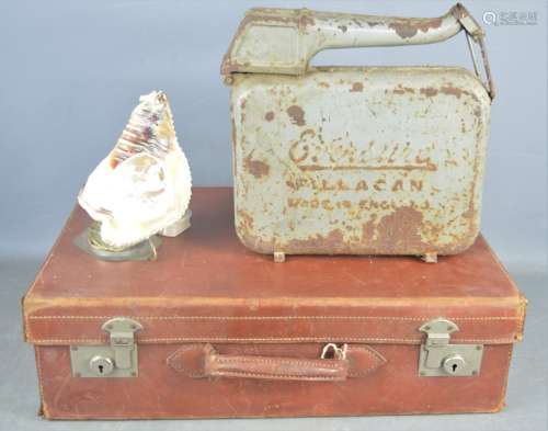 A vintage carved cameo shell lamp - 22cm together with a vintage fuel can and suitcase
