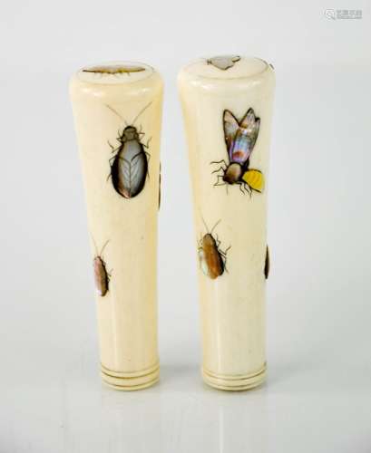 A pair of Shibayama 19th century bone and mother of pearl umbrella handles, depicting insects,