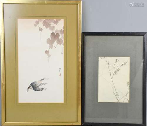 Three Chinese prints, one depicting landscape, one with bird in flight and the other depicting