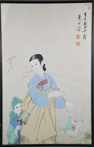 A Korean gouache on paper portrait of woman and child flying kites, signed and stamped with red seal