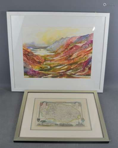 A hand tinted map of Norfolk - 20cm x 26cm together with a watercolor Susan Tuck titled Loch Maree