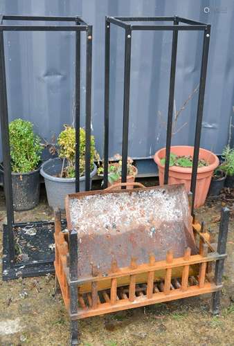 An antique fire grate and two modern log stands, 114cm high.