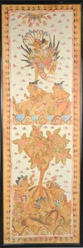 An Indonesian panel painting on linen, narrative figural scene, 84 by 28cm.