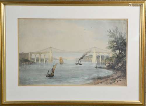 The Menai Suspension Bridge, 19th century hand tinted print, drawn by G Childs, printed by C Moody