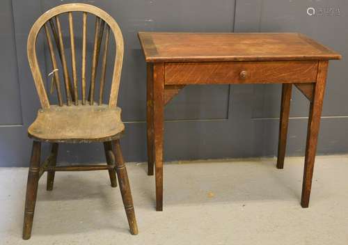 An antique side table with single drawer and square tapered legs, 72 by 79 by 44cm, with a single