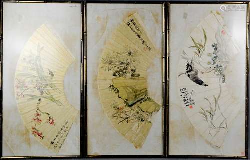 A set of three 19th century framed Chinese paper fans, each hand painted with flowers, and one