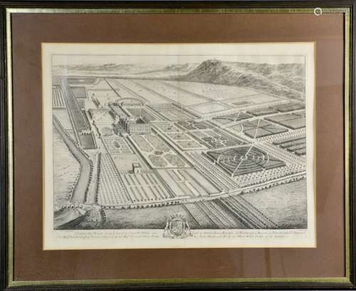 An 18th century copper line engraving from the series by J. Kip, 1713, Chatsworth House, 38 by 50cm.