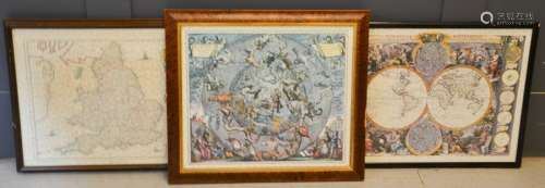 Three framed jigsaw puzzles, map of England, world maps, Hemisphe Aliscoeli.