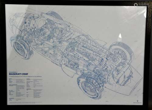 A framed cutaway drawing of a Maserati 250f, 58cm by 42.5cm.