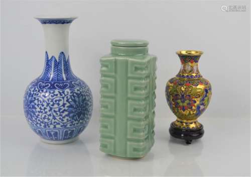 A 20th century Chinese Longquan style celadon cong vase together with a cloisonne vase on stand