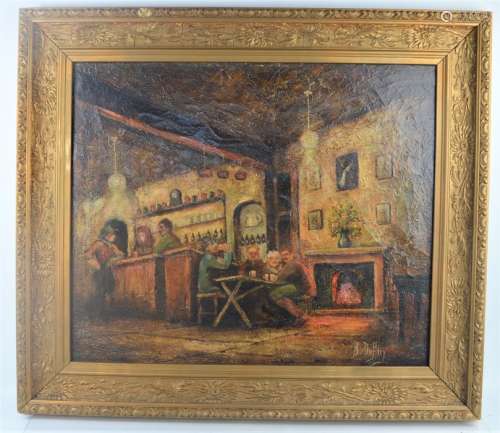 A framed oil on canvas depicting a tavern scene - signed