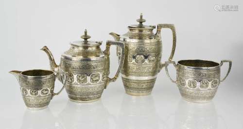 A silver plated James Reid of Glasgow four piece Zodiac tea service retailed by Sorley's of Glasgow,