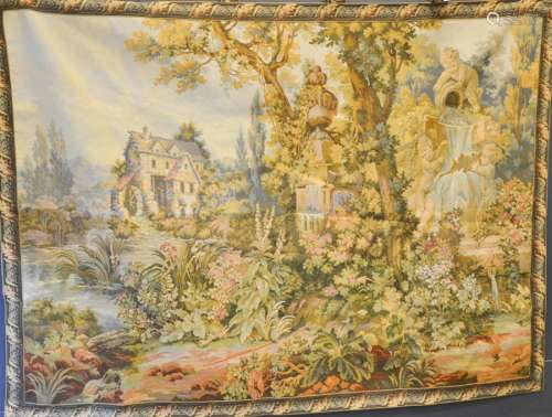 A French tapestry panel depicting a house in wooded landscape with cherub fountain to the fore.