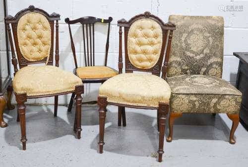 A pair of Edwardian bedroom chairs, with oval upholstered buttoned back and seat, together with