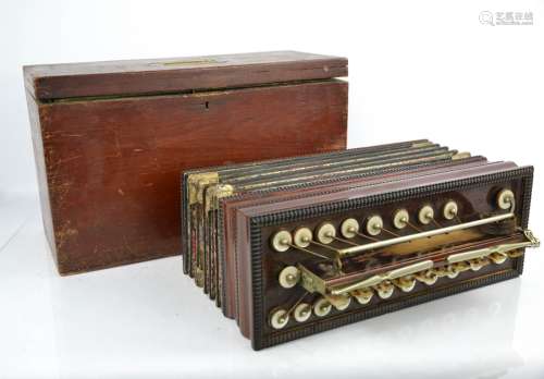 A Victorian mahogany and mother of pearl accordion with paper lining, and travelling case.