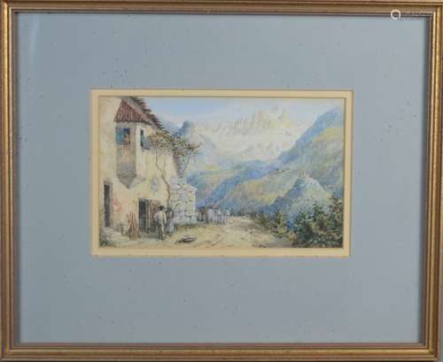 A Victorian watercolour, unsigned, cottages in mountain landscape with cattle and figures to the